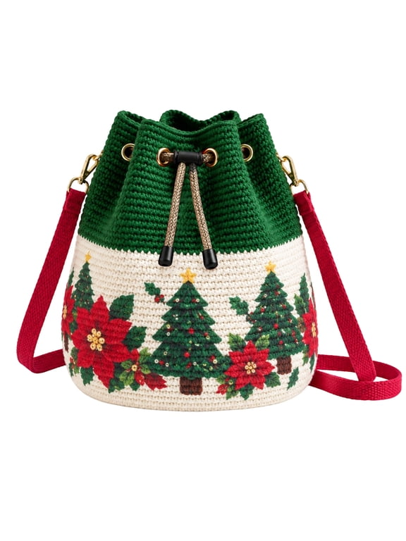 Christmas Crochet Bucket Crossbody Bag, Drawstring Crossbody Shoulder Purse with Santa, Reindeer, Tree & Gingerbread Designs