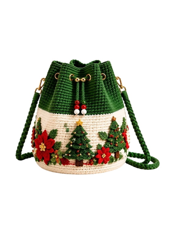 Christmas Crochet Bucket Crossbody Bag, Handmade Knitted Bucket Purse
