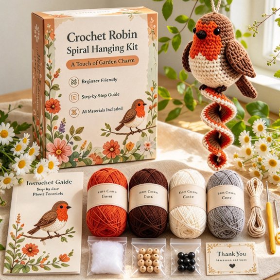 Christmas Crochet Craft Kit for Robin Spiral Hanging Ornament Complete Supply Pack with Instruction for Handmade Wall Hanging Creation (Crochet Robin)