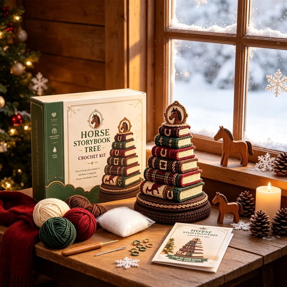 Christmas Crochet Kit for Beginners, DIY Horse Storybook Stacked‑Book Ornament Craft Set, with Yarn, Hook, Stuffing & Instruction Booklet, Holiday Hand‑Made Decor Gift for Craft Lovers