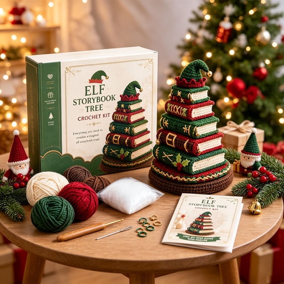 Christmas Crochet Kit for Beginners, DIY Storybook Stacked‑Book Ornament Craft Set, with Yarn, Hook, Stuffing & Instruction Booklet, Holiday Hand‑Made Decor Gift for Craft Lovers