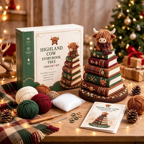 Christmas Crochet Kit for Beginners, DIY Storybook Stacked‑Book Ornament Craft Set, with Yarn, Hook, Stuffing & Instruction Booklet, Holiday Hand‑Made Decor Gift for Craft Lovers