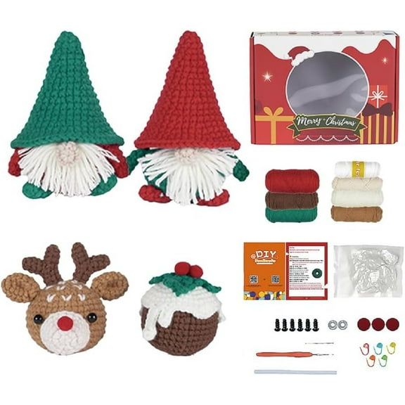 Christmas Crochet Kit for Beginners, 4 Pieces Crochet Knitting Set with Instructions, Crochet Hooks, Yarn