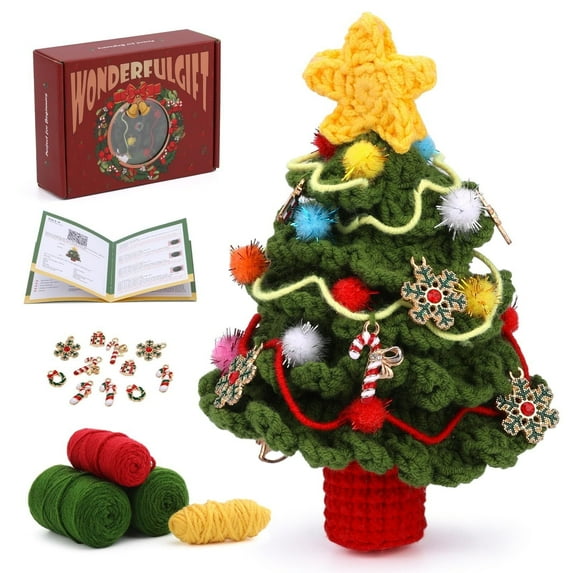 Christmas Crochet Kits for Beginners, Complete Christmas Tree Decor DIY Crochet Kit Craft Knitting Kit with Crochet Hooks Yarns Step-by-Step Video Tutorials DIY Gift Deco for Adults Kids