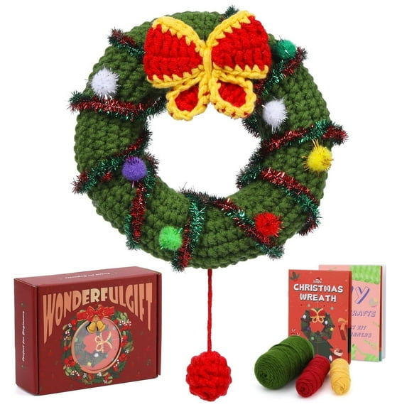 Christmas Crochet Kits for Beginners, Complete Wreath Craft Decor DIY Crochet Kit Craft Knitting Kit with Crochet Hooks Yarns Step-by-Step Video Tutorials DIY Gift Deco for Adults Kids