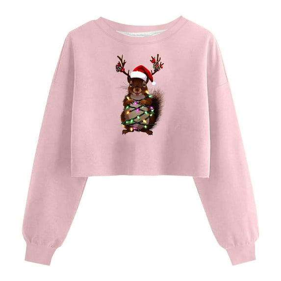 Christmas Crop Top Sweatshirt for Women Xmas Tree Graphic Pullover Long Sleeve Casual Holiday Tops Winter Sweaters