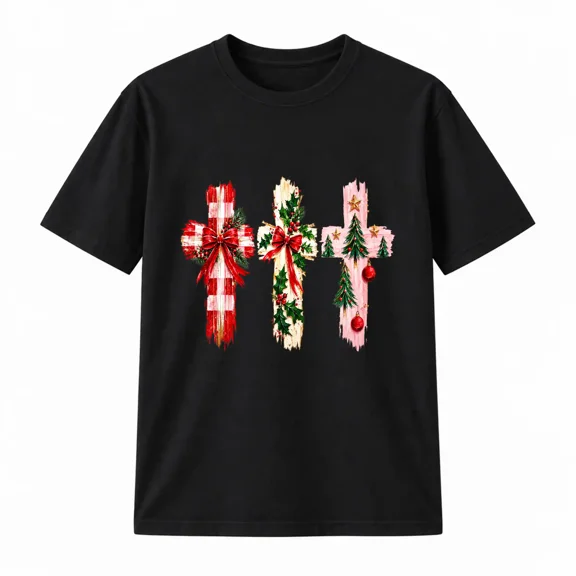 Christmas Cross Christian Graphic T-Shirt Cotton Crew Neck Short Sleeve Tee