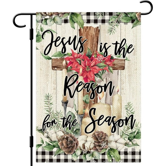 Christmas Cross Garden Flag Jesus Is the Reason for the Season Garden Flag 12.5x18 Double Sided Vertical Burlap Farmhouse Yard Flag Christmas Winter Religious Outdoor Decor