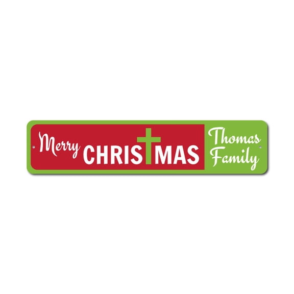 Christmas Cross Sign, Custom Merry Christmas Sign, Jesus Sign, Cross Decor, Family Name Sign, Holiday Aluminum Sign - 4x18 inches