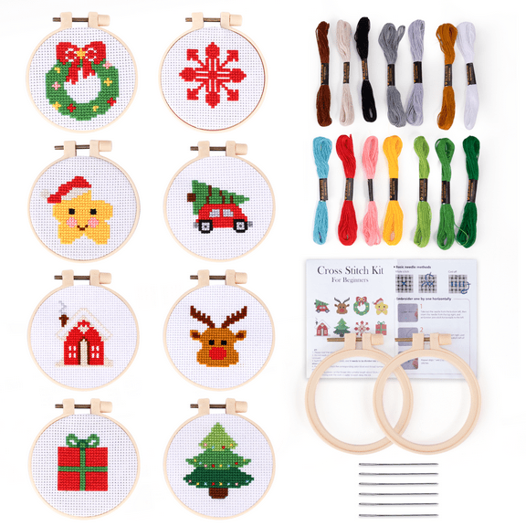 Christmas Cross Stitch Beginner Kits for Kids 7-13, Includes 8pcs Project Cross Stitch Pattern and 2pcs Hoops, 14 Skeins Embroidery Floss, Needle Point Starter Kit Sewing Set with Instructions