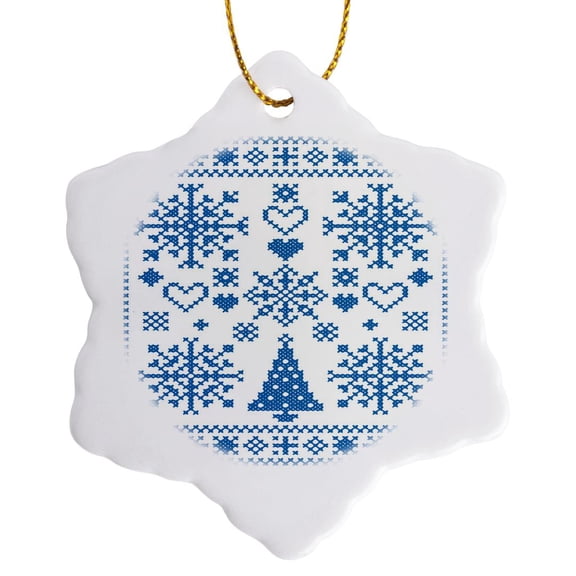 3drose, Christmas Cross Stitch Embroidery Sampler Teal Design, 3 inch Snowflake Porcelain Ornament