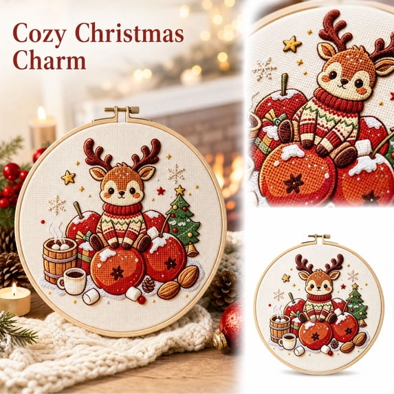 Christmas Cross Stitch Kit Cute Reindeer in Sweater Embroidery Pattern Round Hoop, 9.5 Inch Pre-Printed Canvas DIY Holiday Wall Decor for Adults