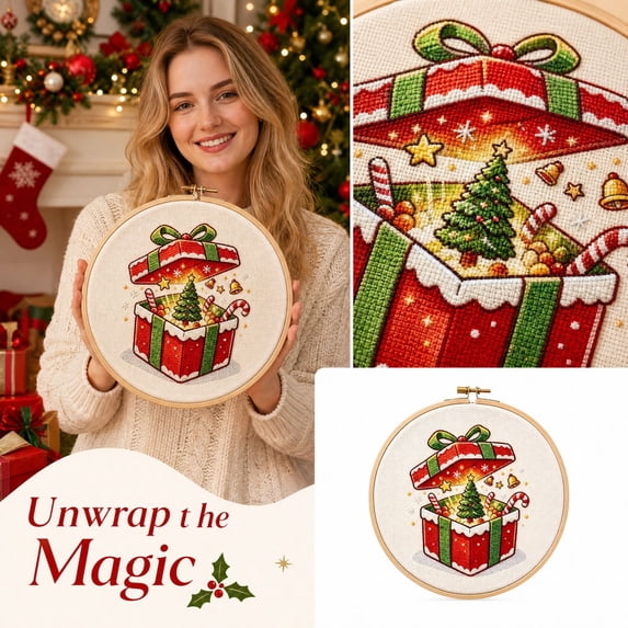Christmas Cross Stitch Kit Gift Box Present with Tree Candy Cane Embroidery Pattern Round Hoop, 9.5 Inch Pre-Printed Canvas DIY Holiday Wall Decor for Adults