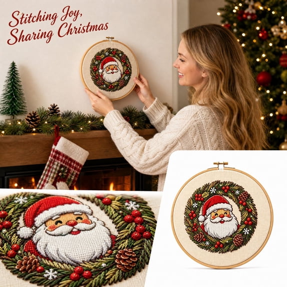Christmas Cross Stitch Kit Santa Wreath Embroidery Pattern Round Hoop, 9.5 Inch Pre-Printed Canvas DIY Holiday Wall Decor for Adults