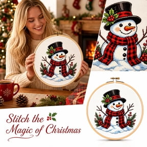 Christmas Cross Stitch Kit Snowman Top Hat Scarf Embroidery Pattern Round Hoop, 9.5 Inch Pre-Printed Canvas DIY Holiday Wall Decor for Adults