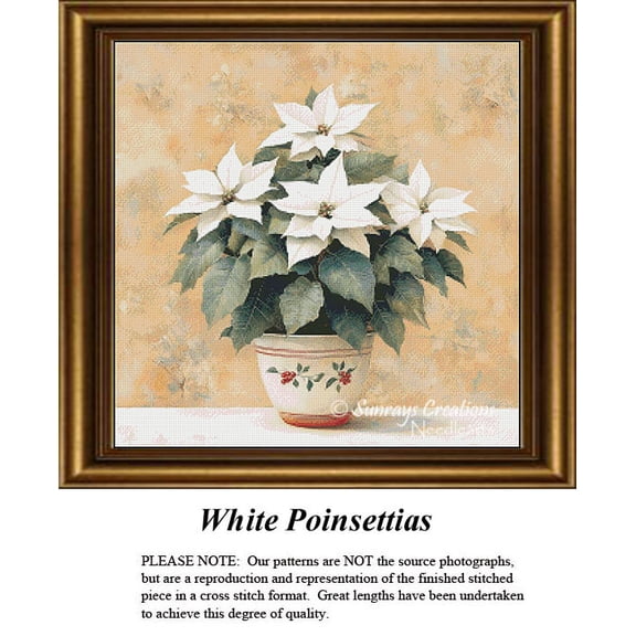 Christmas Cross-Stitch Patterns | White Poinsettias (Pattern Only, You Provide The Floss and Fabric)