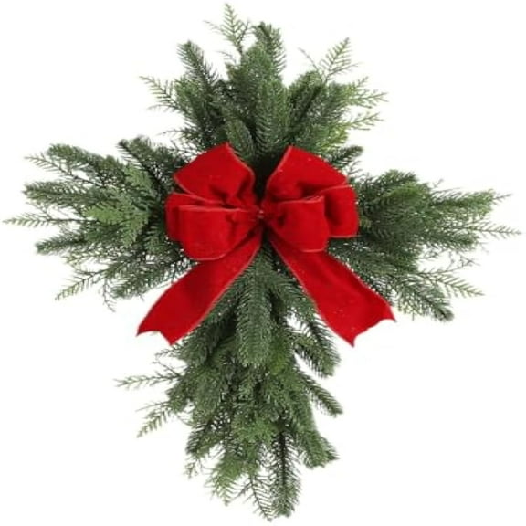 Christmas Cross Wreath Adorned With Bows And Branches, 50 By 45Cm Size Suitable For Front Doors Outdoor Windows Interior Walls Fireplace Mantels And More, 1 Piece