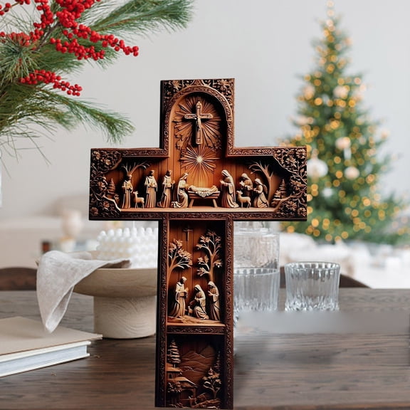 Christmas Crucifix Wall Decor Handmade Wooden Cross Hanging Ornament for Home Room Decoration