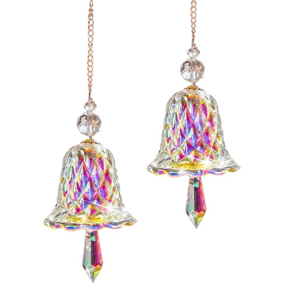 Christmas Crystal Bell Ornaments Suncatchers Rainbow Maker, Set of 2 Glass Wind Chimes Hanging Pendant for Home Decor Garden Wedding Colorful