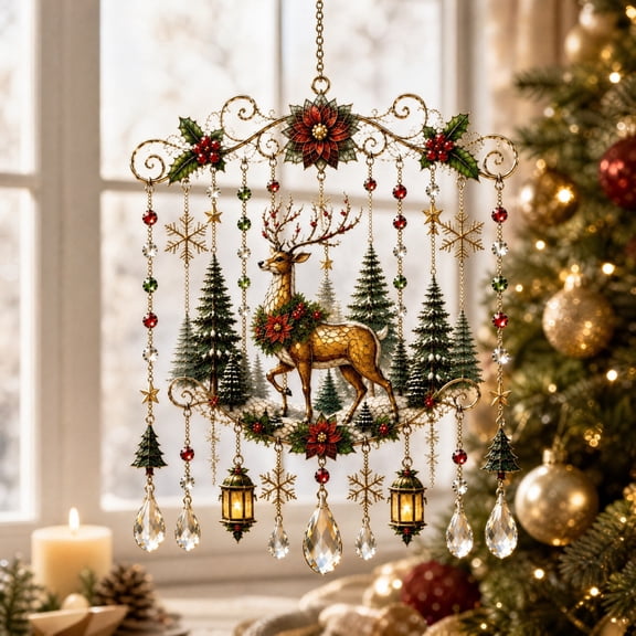 Christmas Crystal Hanging Ornament, Festive Wind Chime with Snowflake Lantern, Wall Decor