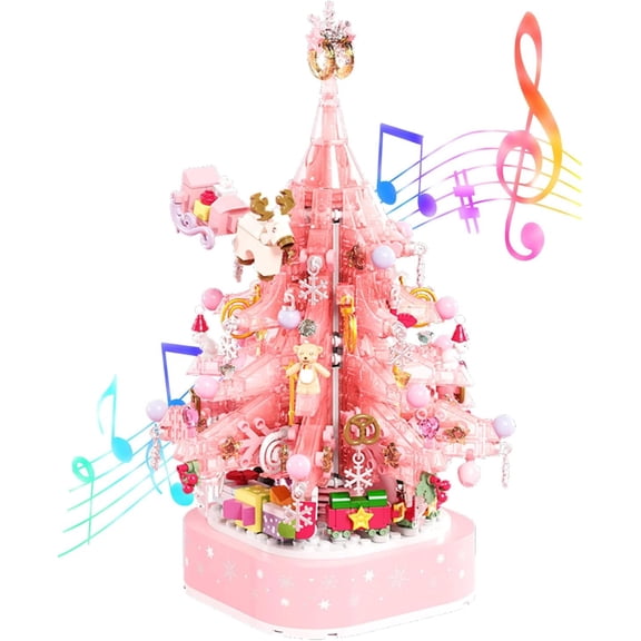 Christmas Crystal Tree Building Blocks Set, Pink Music Box with Lights, Holiday Home Decoration, Idea Gifts for Adult and Teens (675 pcs)