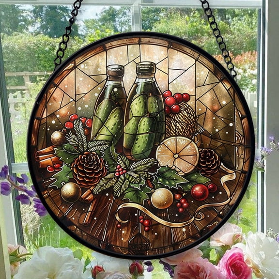 Christmas Cucumber Pickle Hanging Stained Glass for Windows, Holiday Festival Ornament, Gift for Mom, Romantic Valentine Decoration, Holiday Tree Ornament, Festive Memory 2025