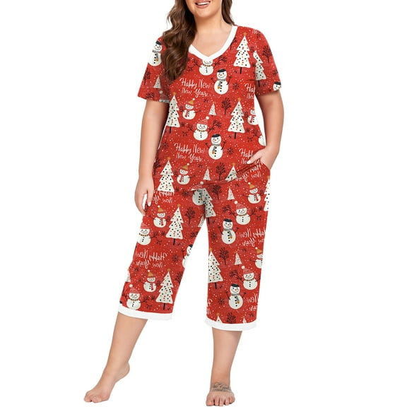 Christmas Cueply Women Plus Size Pajamas Set Short Sleeve Pjs Sleepwear Loungewear Nightwear with Pockets