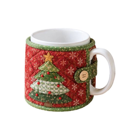 Christmas Cup Cozy Quilted Mug Sleeve With Christmas Tree Embroidery Design Button Closure For Coffee Tea Winter Gift(Red-8cm)