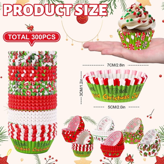 Christmas Cupcake Liners Funny Cartoon Paper Baking Cups Red Green 300Pcs 2 Inch Muffin Wrappers Party Table Decor