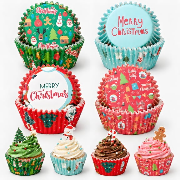 Christmas Cupcake Liners Santa, Snowman & Snowflake Baking Cups, Standard Muffin Wrappers, Greaseproof Food-Grade Paper for Holiday Treats, Candies & Party Desserts