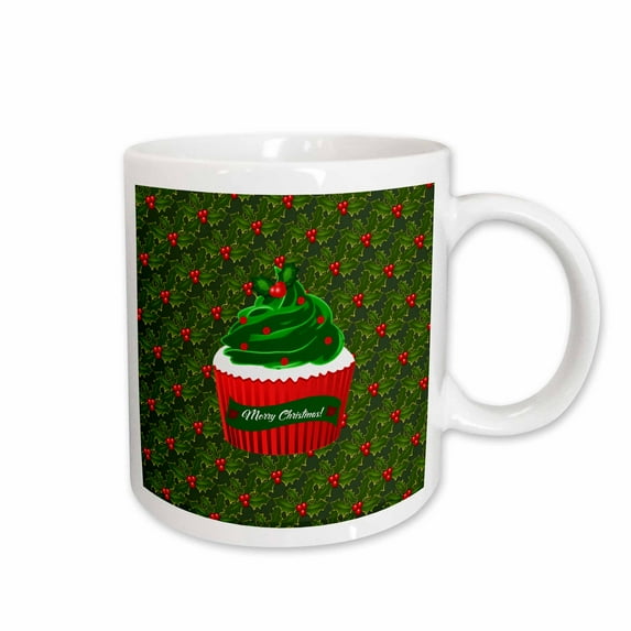 3drose, Christmas Cupcake with Icing, Holly Berry Design, Red White, and Green, 11oz Mug
