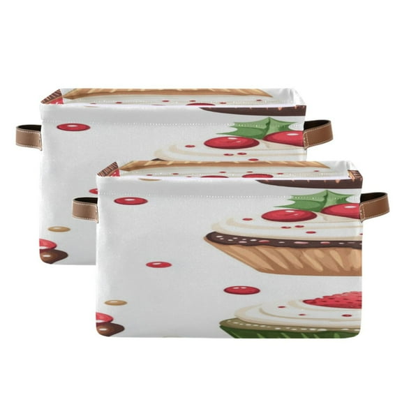 Christmas Cupcakes Cute Square Storage Bins with Handles Collapsible Containing Box 2 Packs
