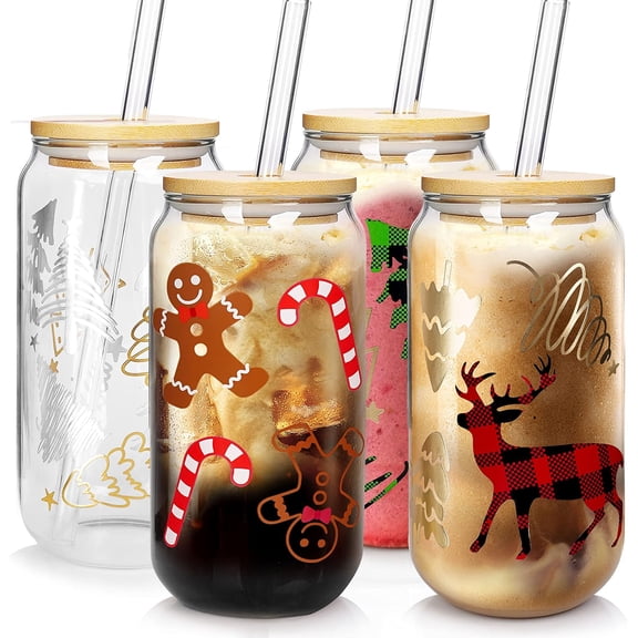 Christmas Cups, 18oz Christmas Coffee Mugs Glass Cups with Lid and Straw Colorful Xmas Tree Tumbler Drinking Glasses Glassware Drinkware Cookie Jar Home Decoration Gifts for Women Kids Men