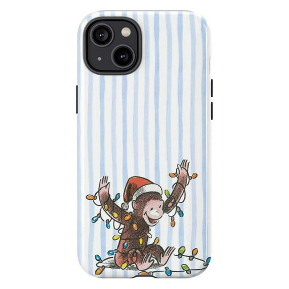 Christmas Curious Monkey Phone Case, Cute Cartoon Monkey with Santa Hat & Holiday Lights for iPhone 17 16 15 14 13 12 11 Pro Plus Mini (Blue)
