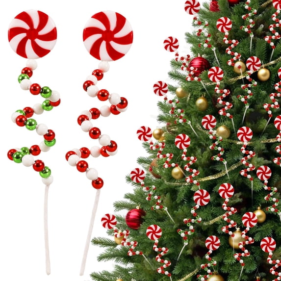 Christmas Curly Pick,2PCS Red White Bells Candy Cane for Xmas Tree Topper Decor,Christmas Curly Tree Pick for Vase Wreaths Home Party Ornaments(Red + Green)