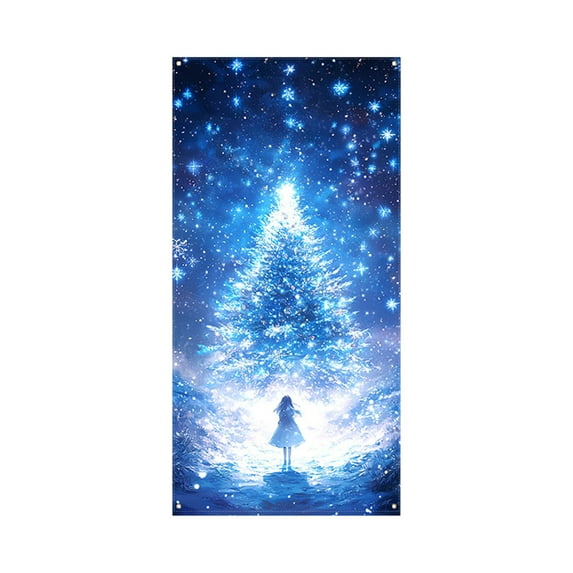 Christmas Curtain - Blue Starry Sky Xmas Tree Series, Holiday Indoor and Outdoor Door Wall Decoration Banner, Holiday Party Photography Background