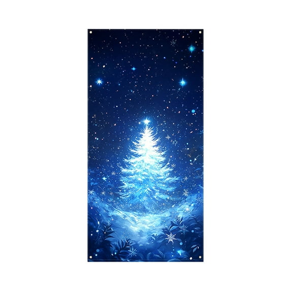 Christmas Curtain - Blue Starry Sky Xmas Tree Series, Holiday Indoor and Outdoor Door Wall Decoration Banner, Holiday Party Photography Background
