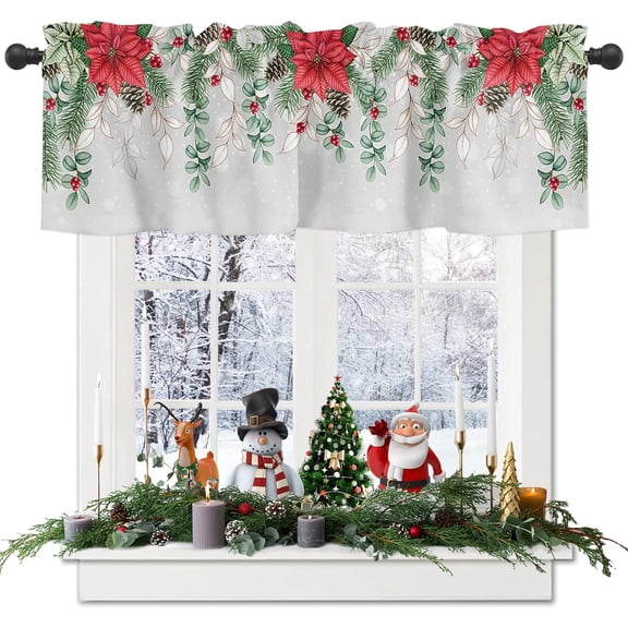 Christmas Curtain Valance, Poinsettia Flower Pine Cones Eucalyptus Leaf Winter Snowflake Gray Short Rod Pocket Window Treatment for Living Room, Bedroom, Kitchen, Bathroom, 1 Panel, 54" W x 18" L
