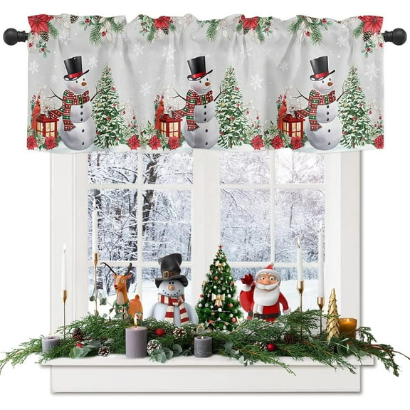 Christmas Curtain Valance, Snowman Tree Pine Cone Poinsettia Snowflake Gray Rod Pocket Valance Short Window Treatment Decor Curtains for Kitchen Bathroom Bedroom,1 Panel 54" x 18"