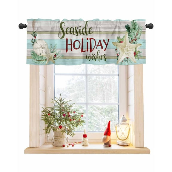Christmas Curtain Valance for Windows/Living Room/Kitchen/Bathroom/Café, Short Rod Pocket Tier Curtain Window Treatment Panel Summer Starfish Wood Pine Branch Topper Curtain 54''x18''