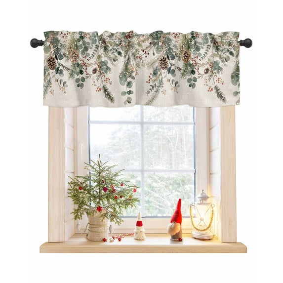 Christmas Curtain Valance for Windows/Living Room/Kitchen/Bathroom/Café, Short Rod Pocket Tier Curtain Window Treatment Panel Xmas Botanical Pinecone Eucalyptus Leaves Rustic Topper Curtain 60''x18''