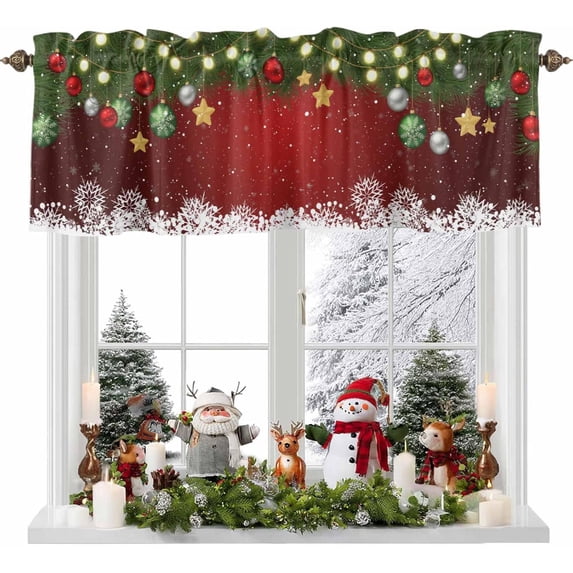 Christmas Curtain Valance for Windows Xmas Baubles Coniferous Rod Pocket Valance Window Treatments White Snowflake Pine Tree Twig Red Short Curtains for Kitchen Windows Bathroom Bedroom 54x18in