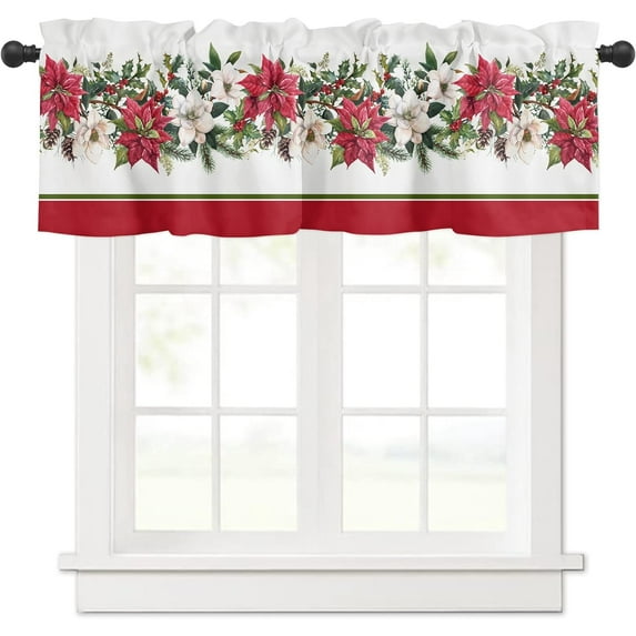 Christmas Curtain Valances for Kitchen Windows 54x18 Inch Winter Xmas Flower Red Rod Pocket Valance Window Treatments 1 Panel Farmhouse Short Curtains for Bedroom Bathroom Living Room Decor