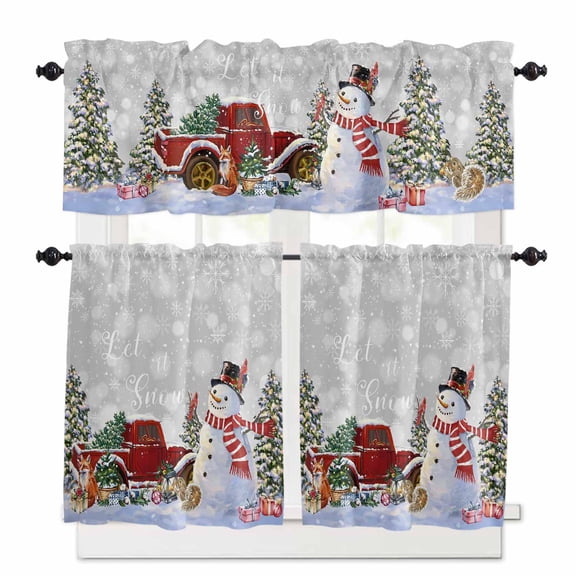 Christmas Curtain Valances Set Poinsettia Snowflakes Pine Cone Pine Needle Gray Kitchen Curtains 24&nbsp;inch Length Rod Pocket Valance and Tiers 3 Piece Set Small Bedroom Bathroom Laundry Decor
