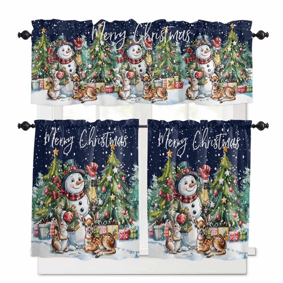 Christmas Curtain Valances Set Snowflakes Evergreen Bonfire Fox Cartoon Kitchen Curtains 36 inch Length Rod Pocket Valance and Tiers 3 Piece Set Small Bedroom Bathroom Laundry Decor