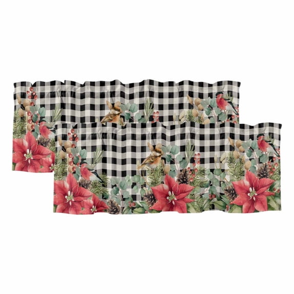 Christmas Curtain Valances for Windows, Kitchen Valance Window Treatments Panel 2 Pack, Winter Poinsettia Berry Black White Plaid Rod Pocket Short Curtains for Bathroom Bedroom 42 x 12 Inch