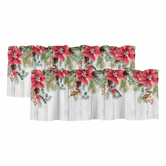 Christmas Curtain Valances for Windows, Kitchen Valance Window Treatments Panel 2 Pack, Winter Poinsettia Berry Farmhouse Wooden Grain Rod Pocket Short Curtains for Bathroom Bedroom 42 x 12 Inch