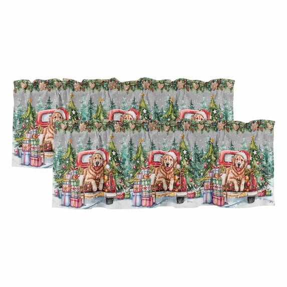 Christmas Curtain Valances for Windows, Kitchen Valance Window Treatments Panel 2 Pack, Winter Xmas Tree Gingerbread Dogs Red Truck Grey Rod Pocket Short Curtains for Bathroom Bedroom 42 x 12 Inch