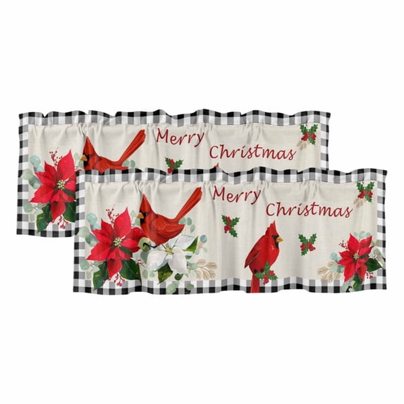 Christmas Curtain Valances for Windows, Kitchen Valance Window Treatments Panel 2 Pack, Xmas Poinsettia Botanical Black Plaid Rod Pocket Short Curtains for Bathroom Bedroom 42 x 18 Inch