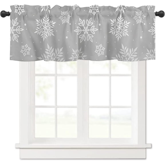 Christmas Curtain Valances, Xmas Snowflake Gray Merry Christmas Rod Pocket Valance Tier Curtains Window Treatment Drapes for Kitchen Living Room Bedroom Windows, 54x18 Inch 1 Panel
